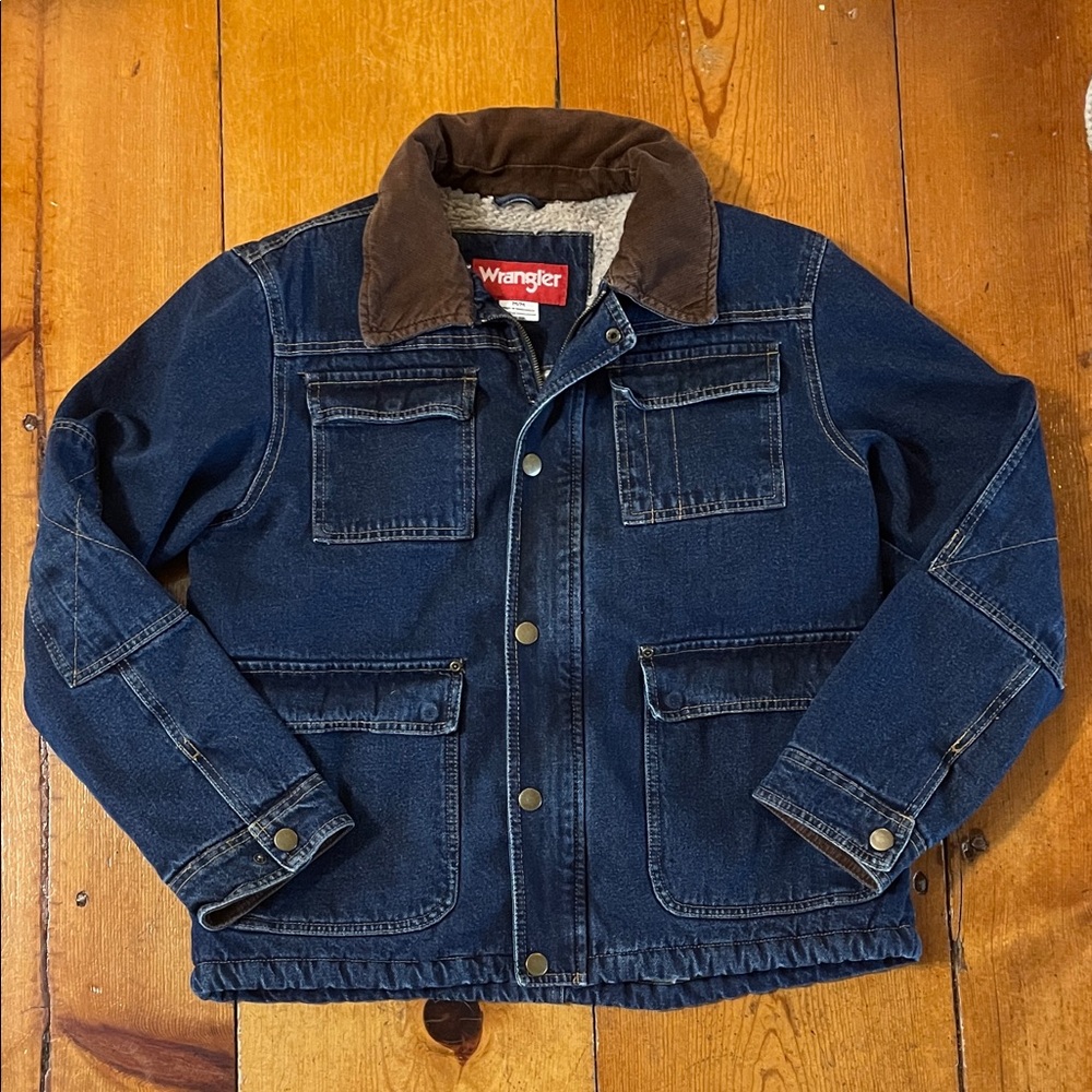 Vintage Wrangler Men's Sherpa Lined Denim Jacket with Brown Corduroy Collar